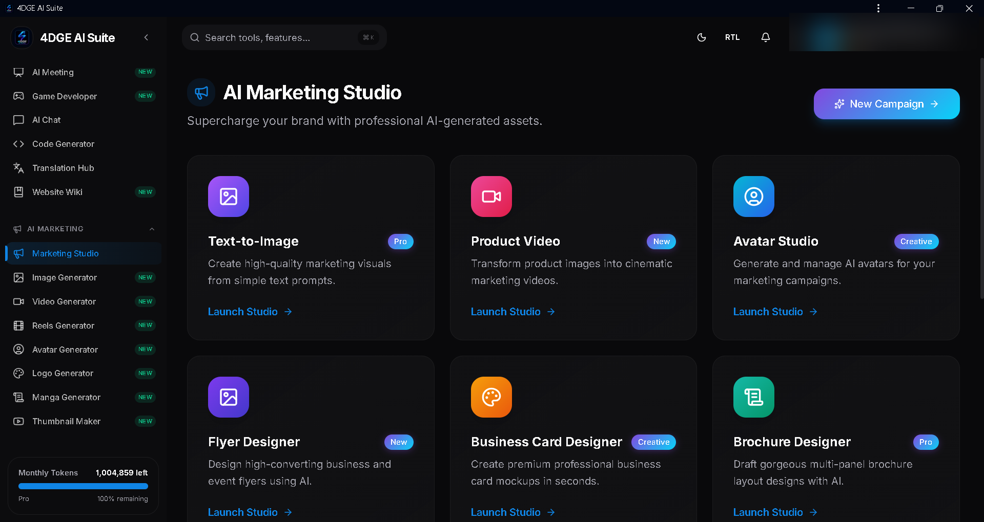 4DGE AI Suite Marketing Studio with personal details redacted
