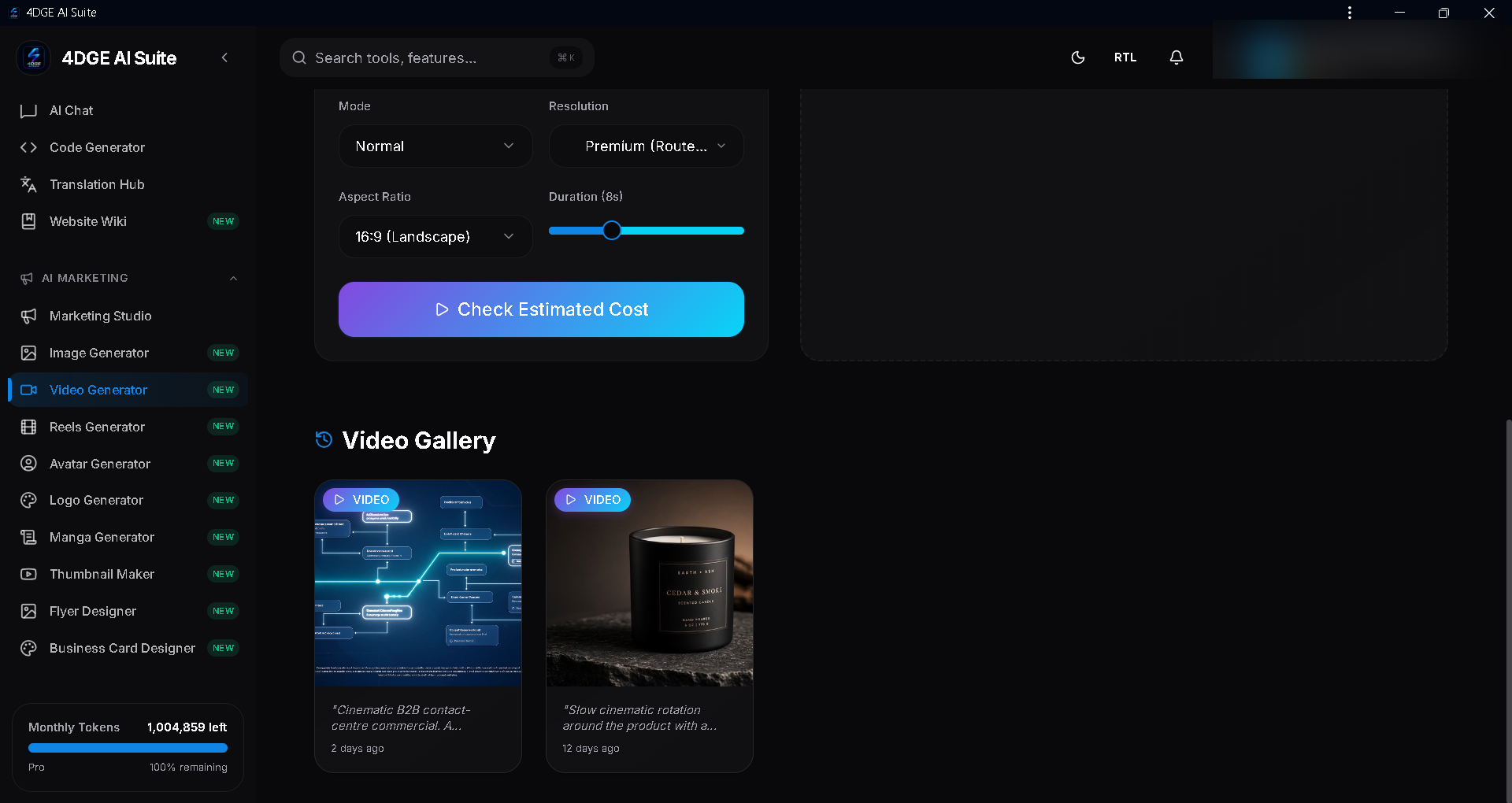 4DGE AI Suite Video Generator with personal details redacted